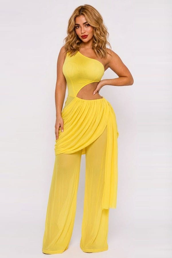 Women's One-Shoulder Cutout Sheer Wide-Leg Jumpsuit