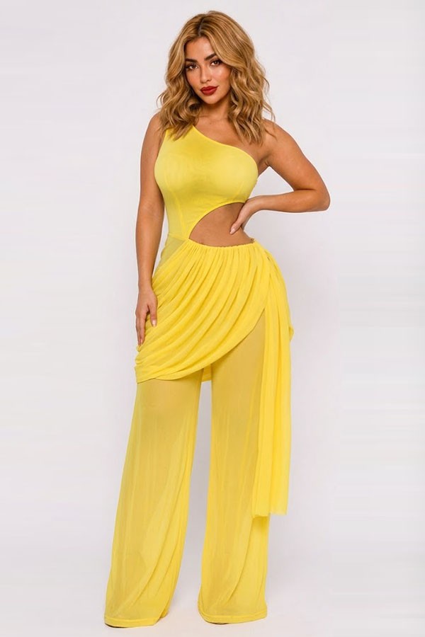 Women's One-Shoulder Cutout Sheer Wide-Leg Jumpsuit