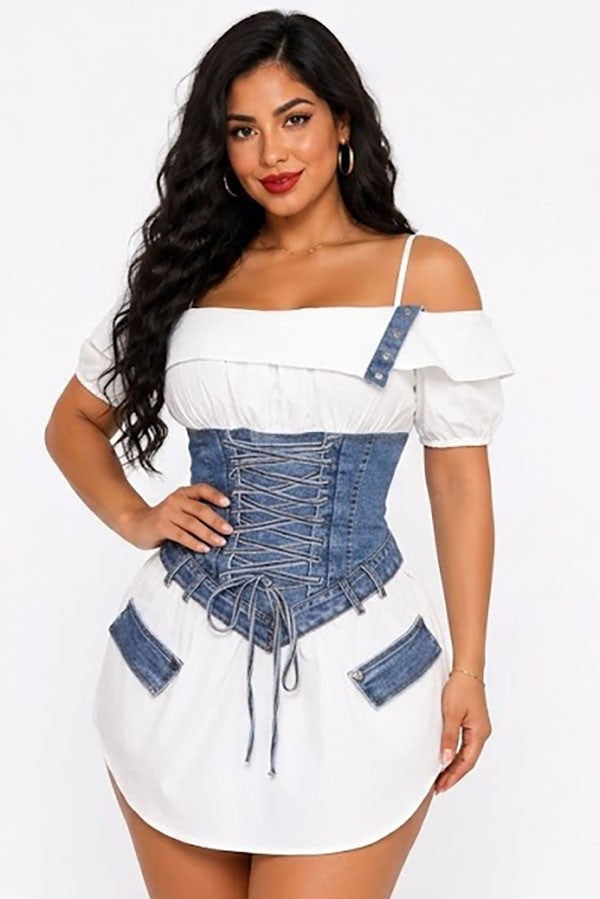 Women's Off-Shoulder Ruffle Top Lace-Up Denim Corset Mini Dress