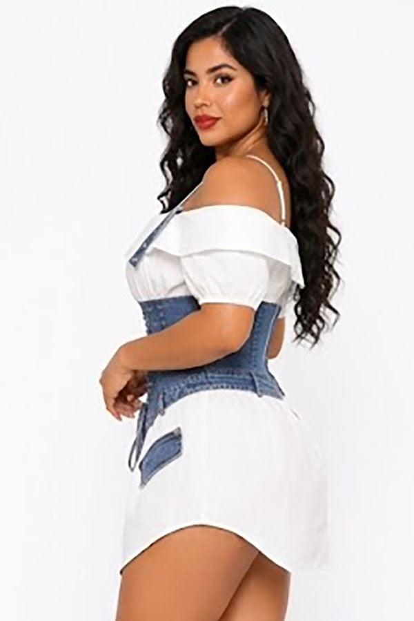 Women's Off-Shoulder Ruffle Top Lace-Up Denim Corset Mini Dress - photo 3