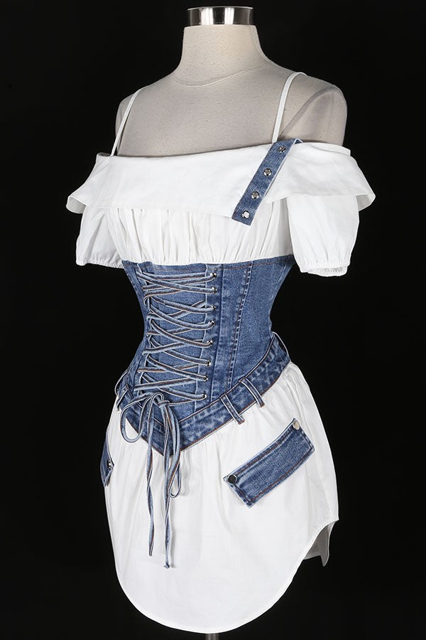 Women's Off-Shoulder Ruffle Top Lace-Up Denim Corset Mini Dress - photo 4