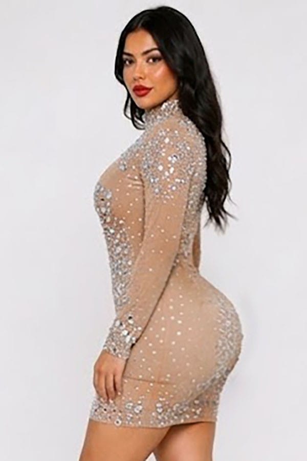 Women's Rhinestone Glitter Sheer Long Sleeve Mini Dress - photo 3