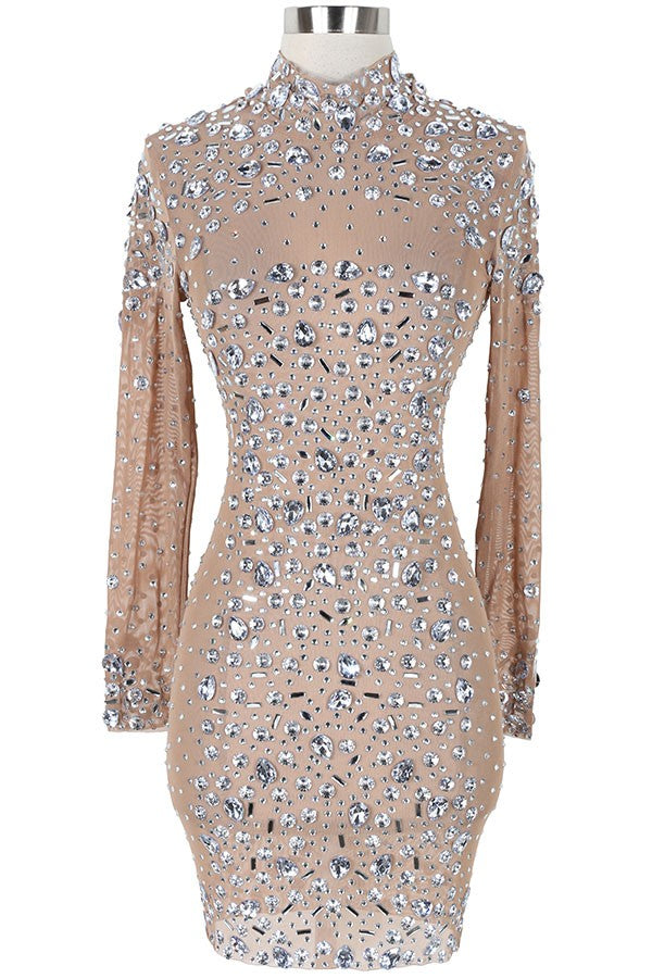 Women's Rhinestone Glitter Sheer Long Sleeve Mini Dress - photo 2