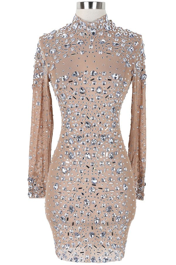 Women's Rhinestone Glitter Sheer Long Sleeve Mini Dress - photo 2