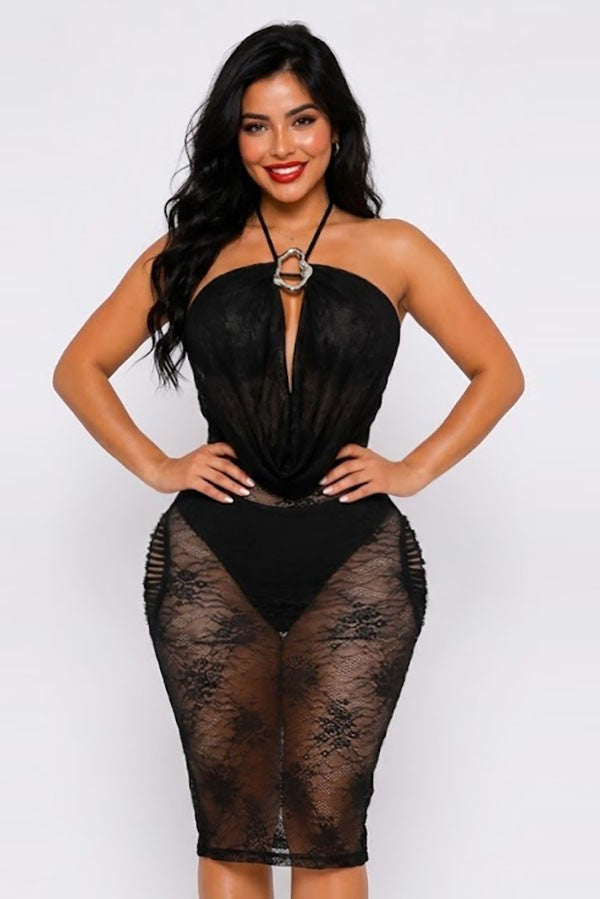 Women's Lace Halter Ring Plunge Midi Dress