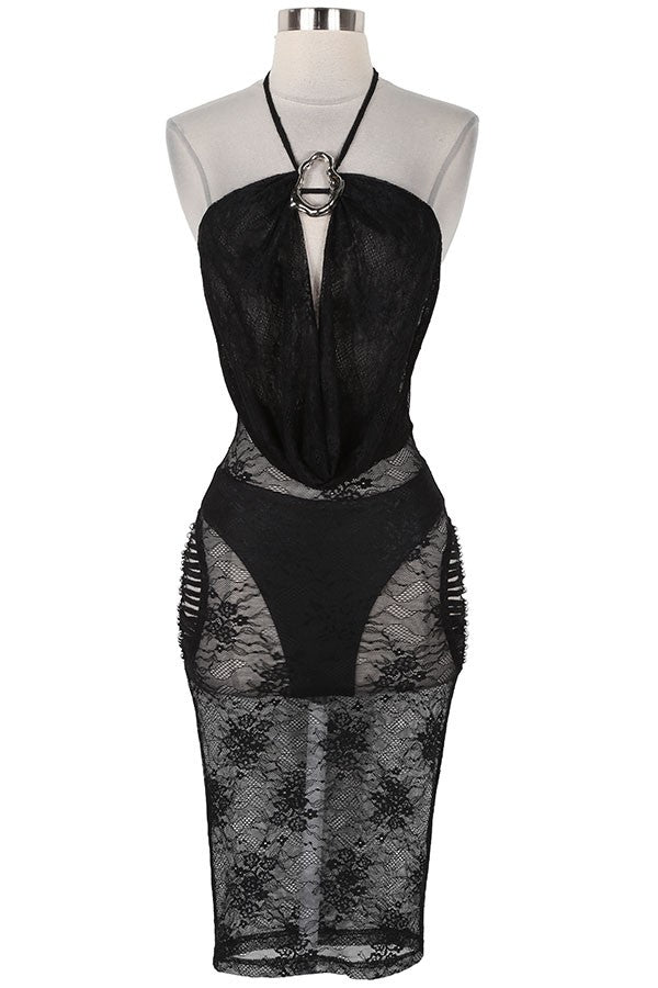 Women's Lace Halter Ring Plunge Midi Dress - photo 2