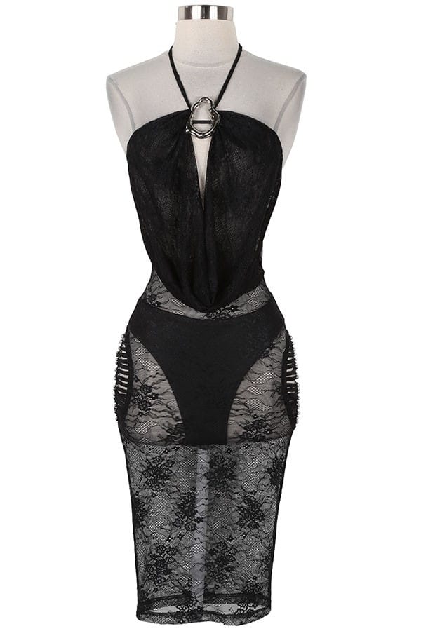 Women's Lace Halter Ring Plunge Midi Dress - photo 2
