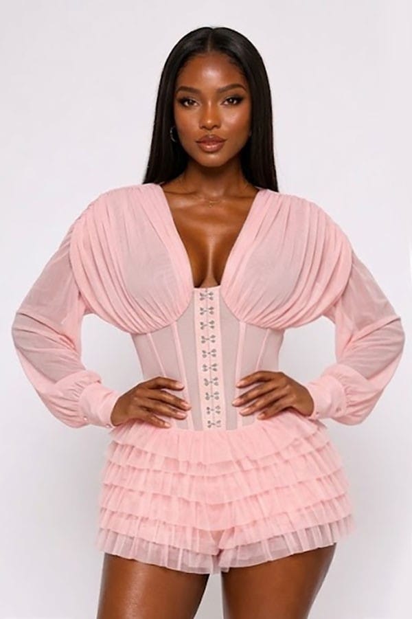 Women's pink lace-up corset sheer sleeve ruffle romper