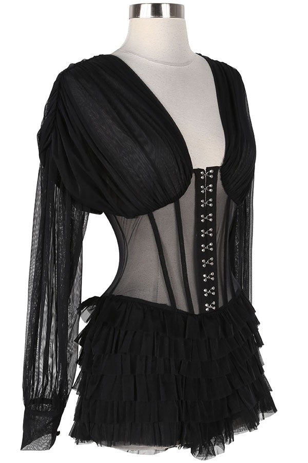 Women's black lace-up corset sheer sleeve ruffle romper - photo 4