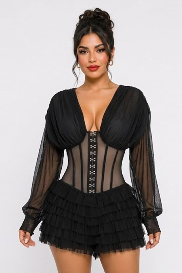Women's black lace-up corset sheer sleeve ruffle romper