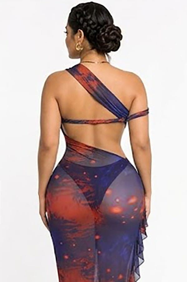 Women's Galaxy Print Mesh One-Shoulder Cutout Maxi Dress - photo 3
