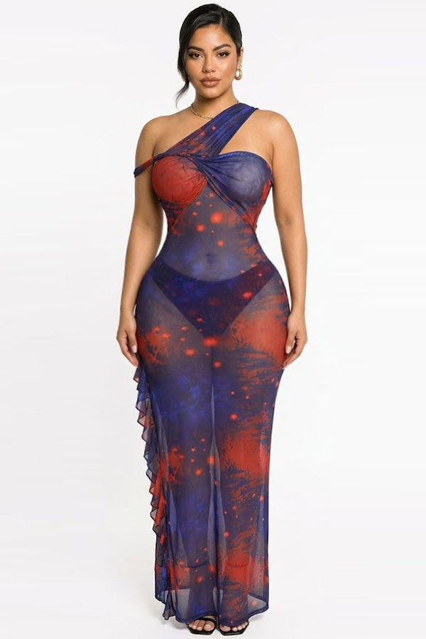 Women's Galaxy Print Mesh One-Shoulder Cutout Maxi Dress