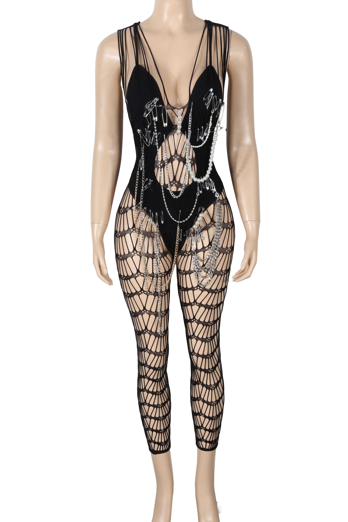 Women's Lace Plunge Safety Pin Chain Detail Jumpsuit - photo 4