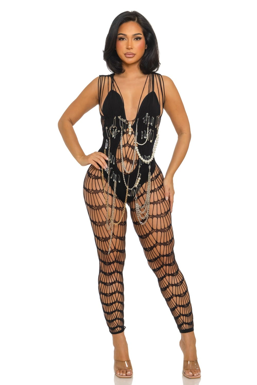Women's Lace Plunge Safety Pin Chain Detail Jumpsuit