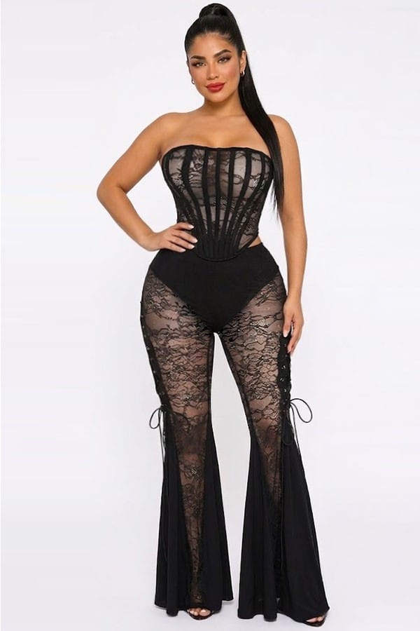 Women's Lace Strapless Corset Top & Bell-Bottom Pants Set