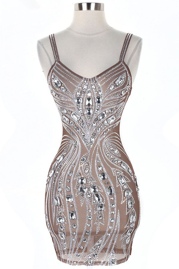 Women's Sheer Rhinestone Crystal V-Neck Bodycon Mini Dress - photo 4