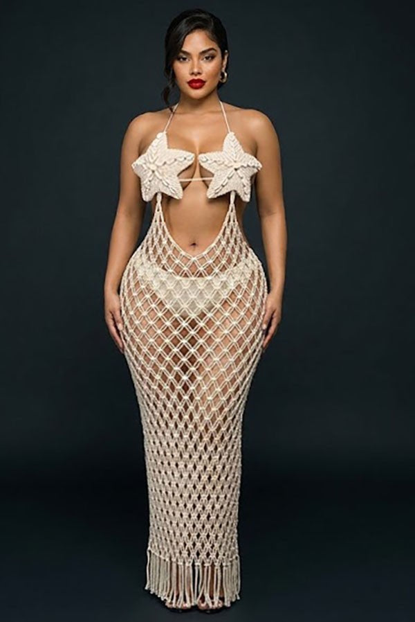 Women's Crochet Star Cup Halter Open-Knit Maxi Dress