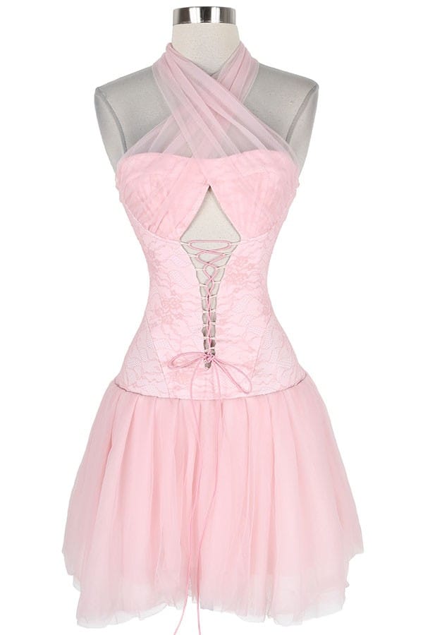 Women's pink lace corset halter tulle mini dress - photo 4