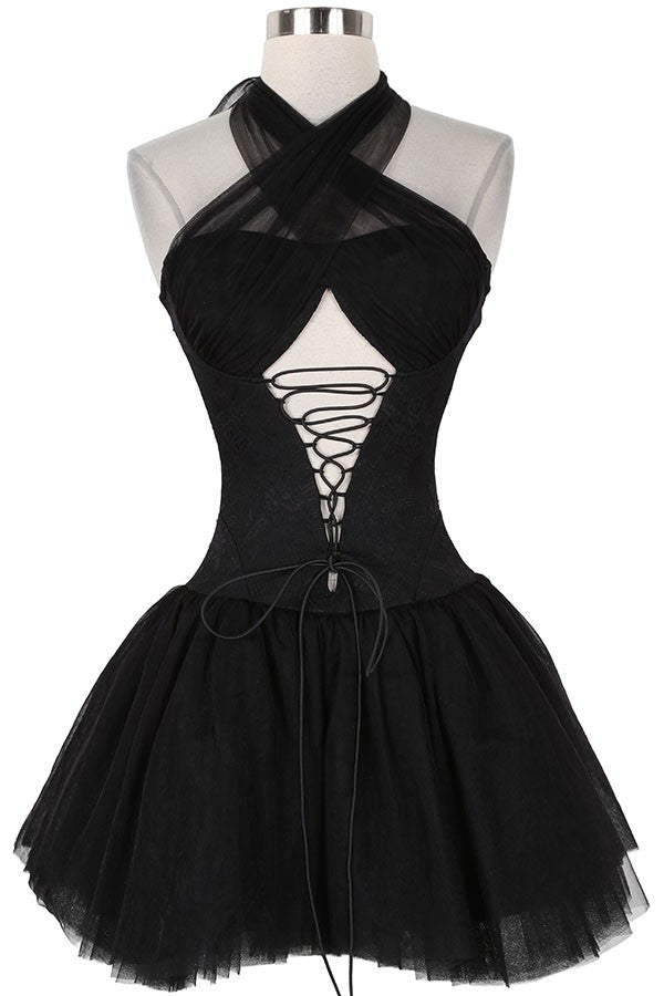 Women's black lace corset halter tulle mini dress - photo 4