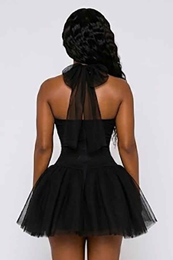 Women's black lace corset halter tulle mini dress - photo 3