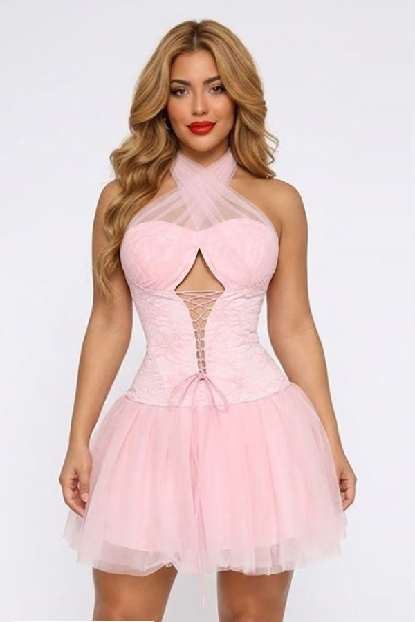 Women's pink lace corset halter tulle mini dress