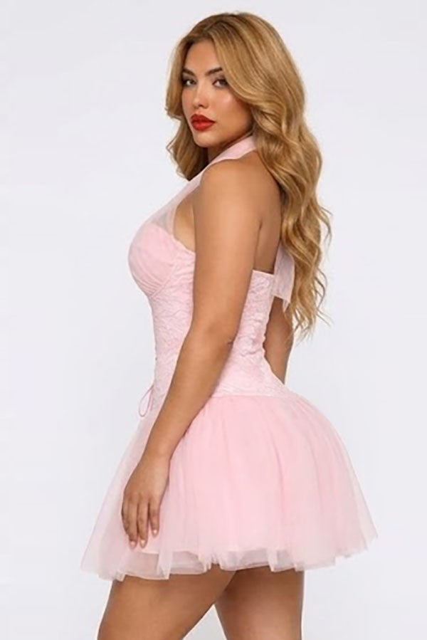 Women's pink lace corset halter tulle mini dress - photo 2