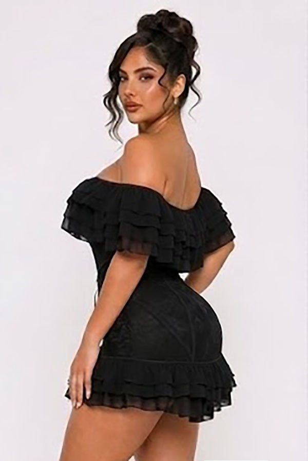 Women's black off-shoulder ruffle lace mini dress - photo 2