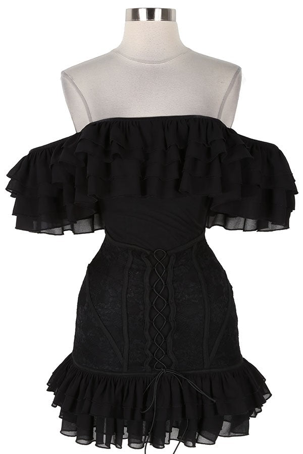 Women's black off-shoulder ruffle lace mini dress - photo 4