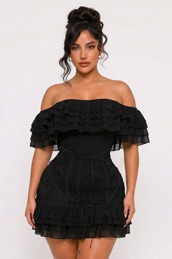 Women's black off-shoulder ruffle lace mini dress
