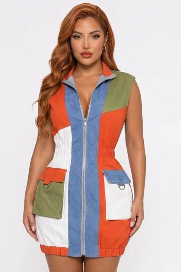 Women's Patchwork Color-Block Zip-Front Denim Mini Dress - photo 2