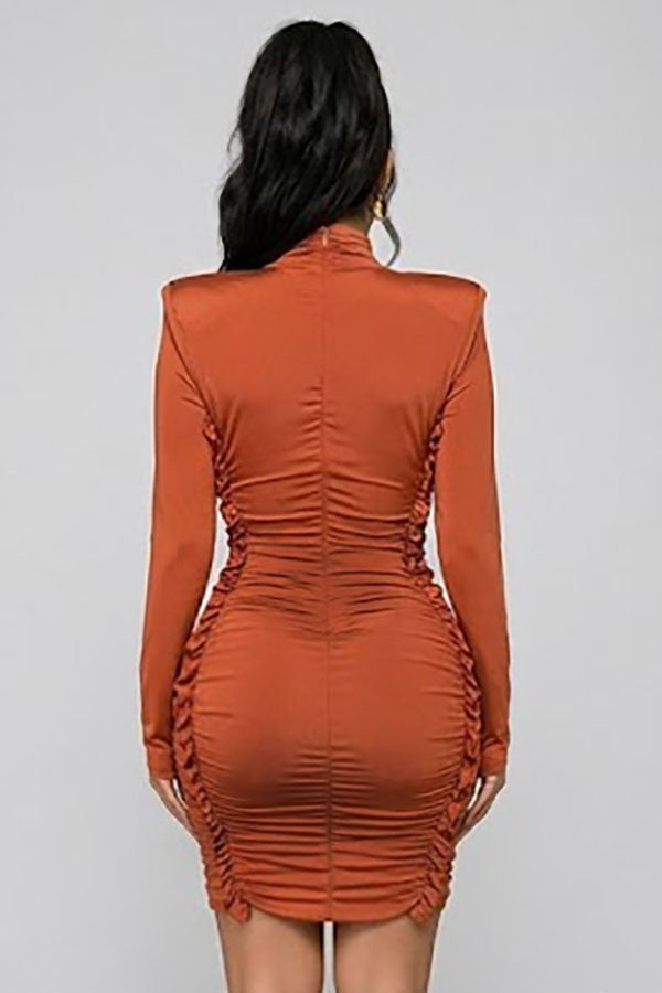 Women's Mock Neck Long Sleeve Ruched Drawstring Mini Dress - photo 3