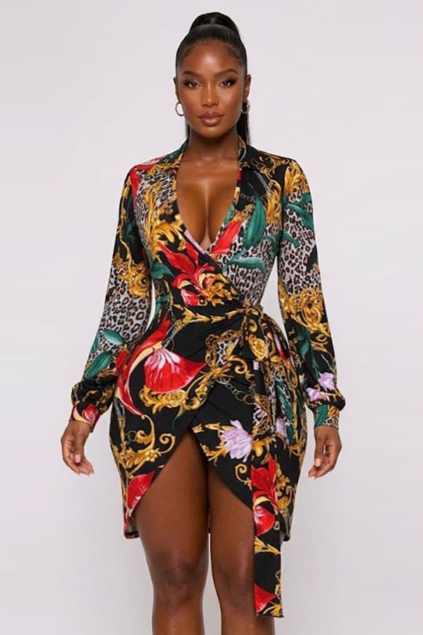 Women's Baroque Leopard Print Long Sleeve Wrap Mini Dress