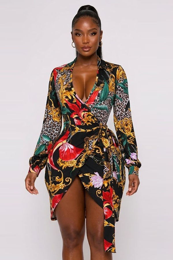 Women's Baroque Leopard Print Long Sleeve Wrap Mini Dress