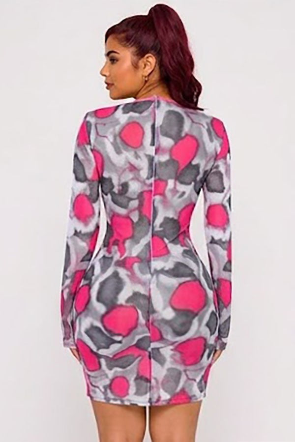 Women's pink multi abstract print mesh lace-up long sleeve mini dress - photo 3