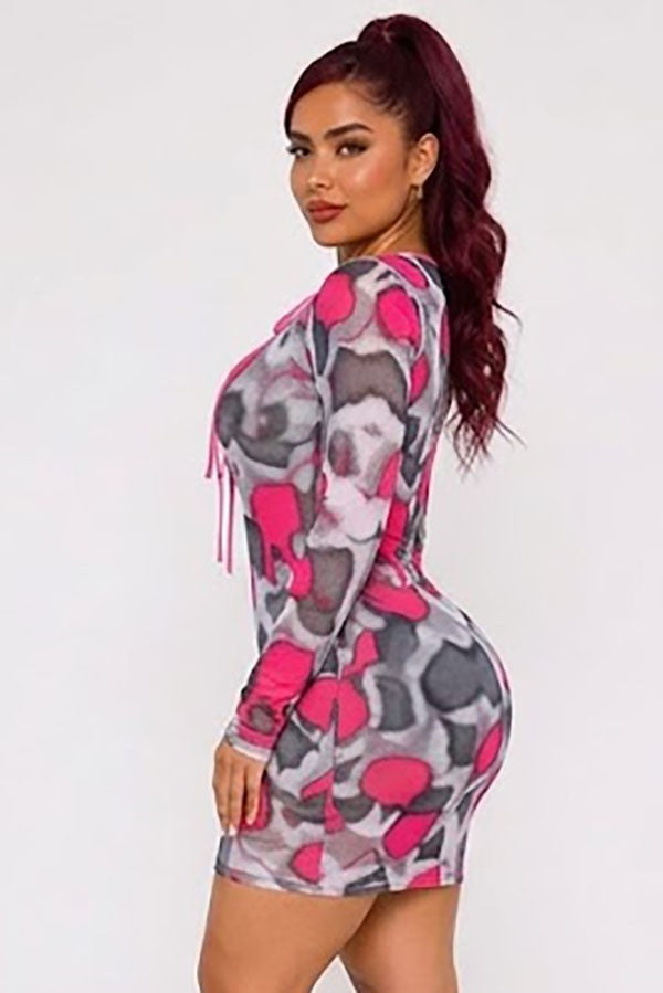 Women's pink multi abstract print mesh lace-up long sleeve mini dress - photo 2