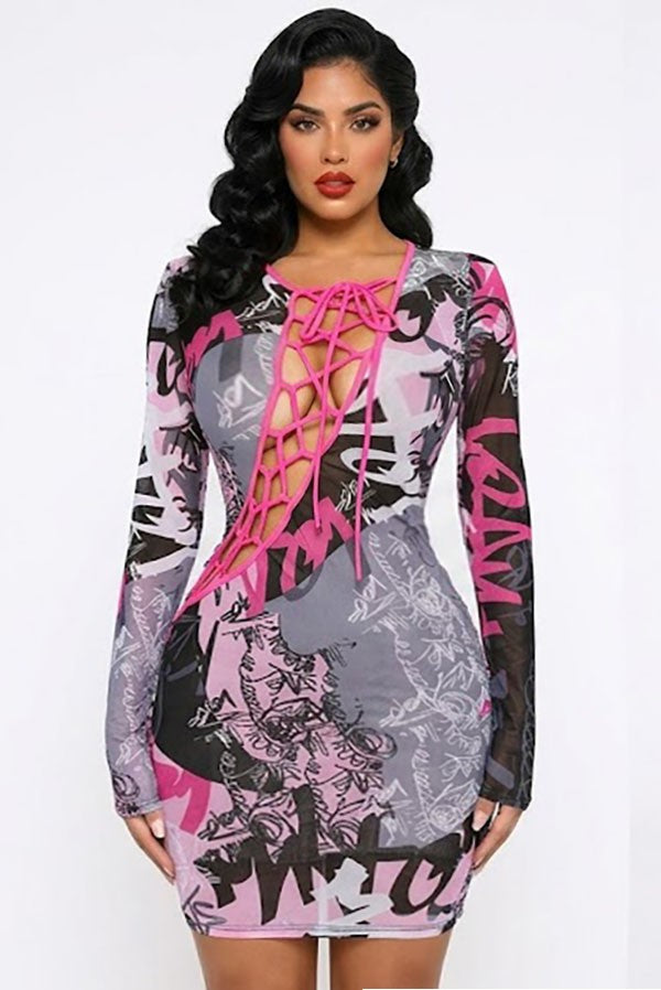 Women's fuchsia abstract print mesh lace-up long sleeve mini dress