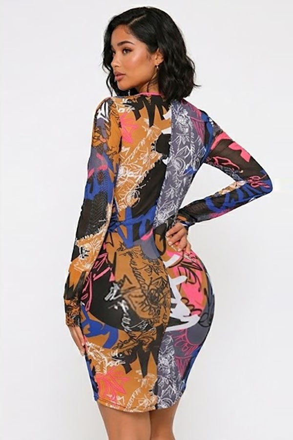 Women's mustard abstract print mesh lace-up long sleeve mini dress - photo 3