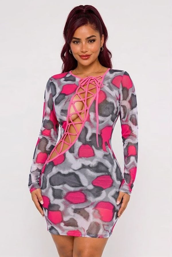 Women's pink multi abstract print mesh lace-up long sleeve mini dress
