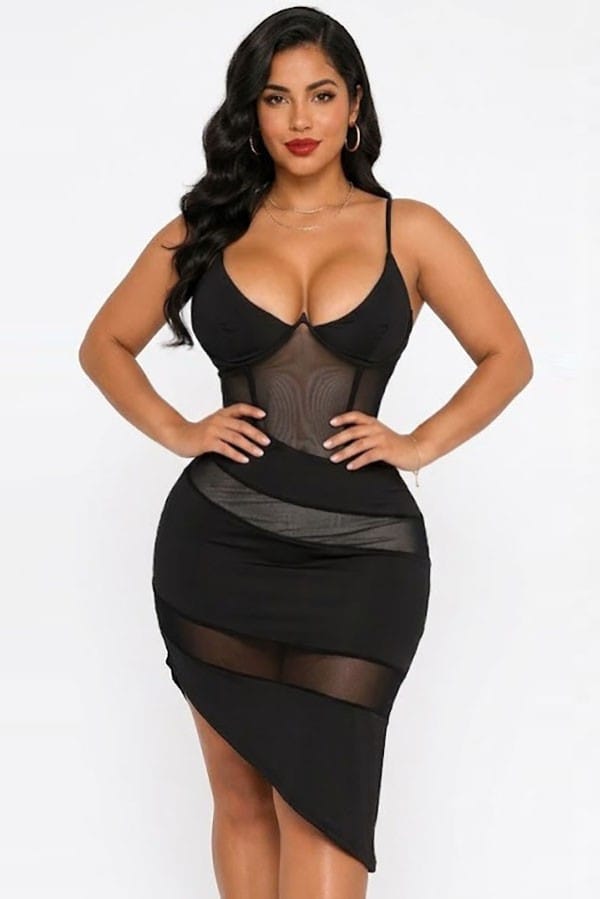 Women's Sheer Mesh Panel V-Neck Bodycon Mini Dress - photo 2