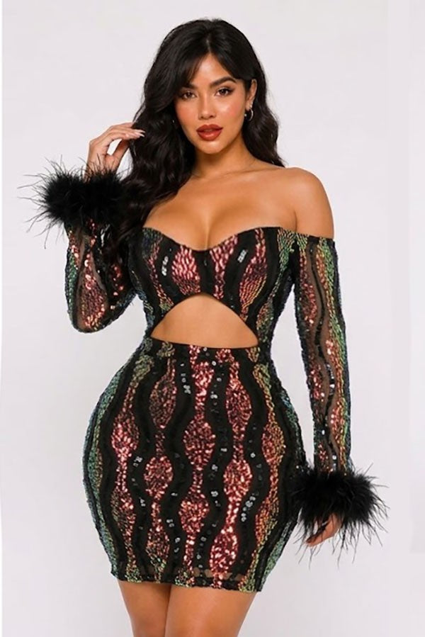 Women's Long Sleeve Lace Feather Cuff Mini Dress