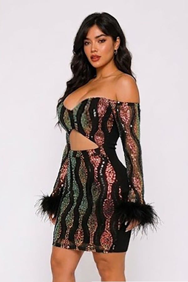 Women's Long Sleeve Lace Feather Cuff Mini Dress - photo 2