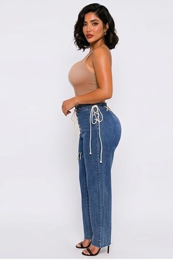 Women's High-Waist Lace-Up Tie Detail Denim Pants - photo 2
