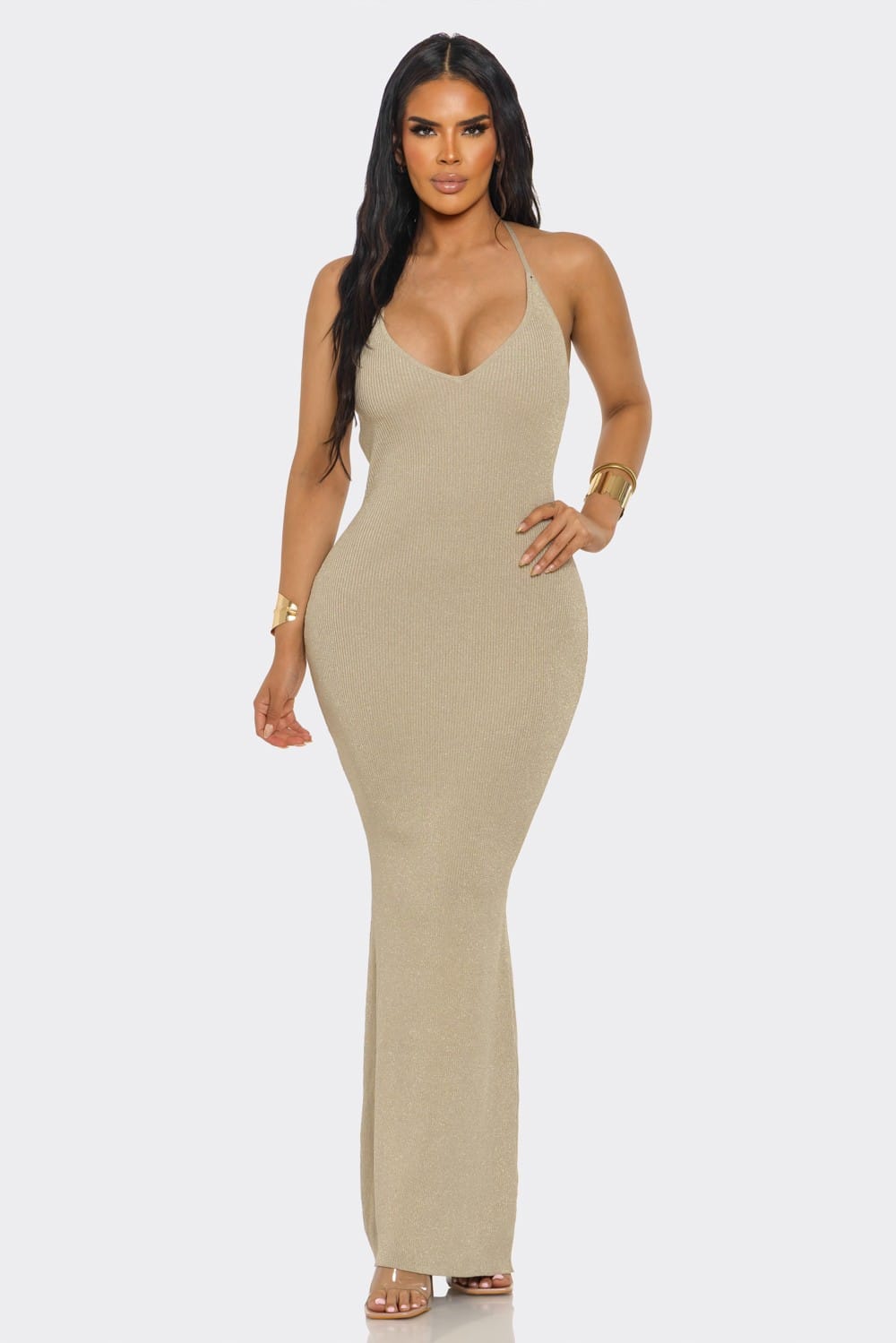 Women's Aurelia Luxe Halter Knit Lurex Gown – side view