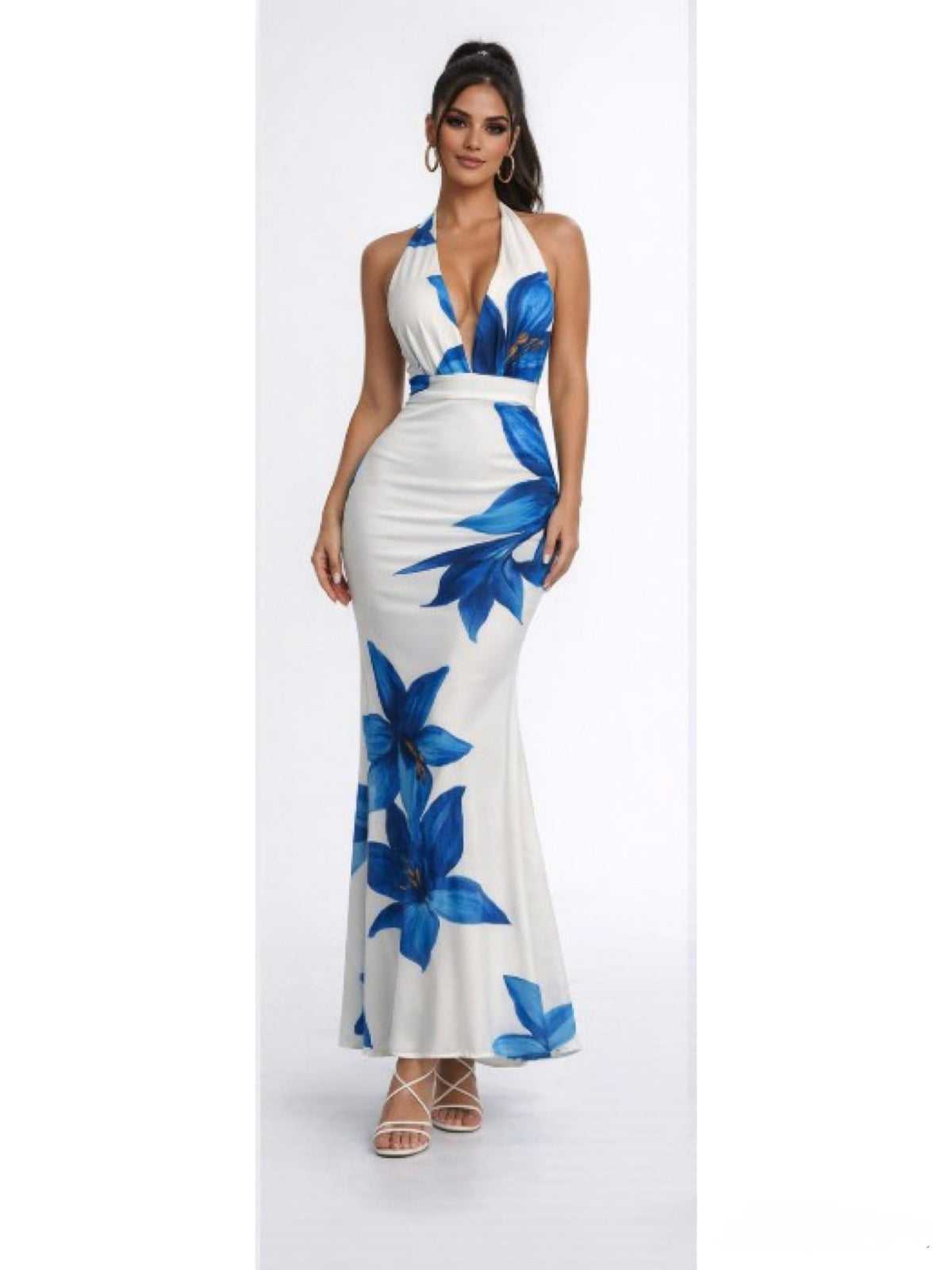 Women's Royal Blue Azure Bloom Floral Print Halter Bodycon Maxi Gown – front view