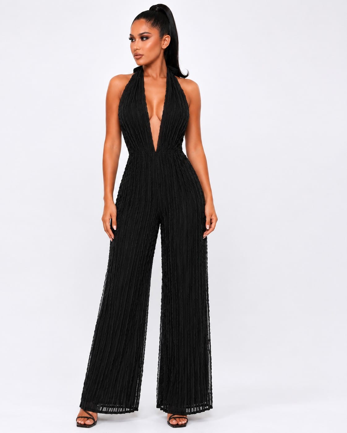 Women's Black Sculpted Elegance Textured Plunge Halter Wide Leg Jumpsuit – front view