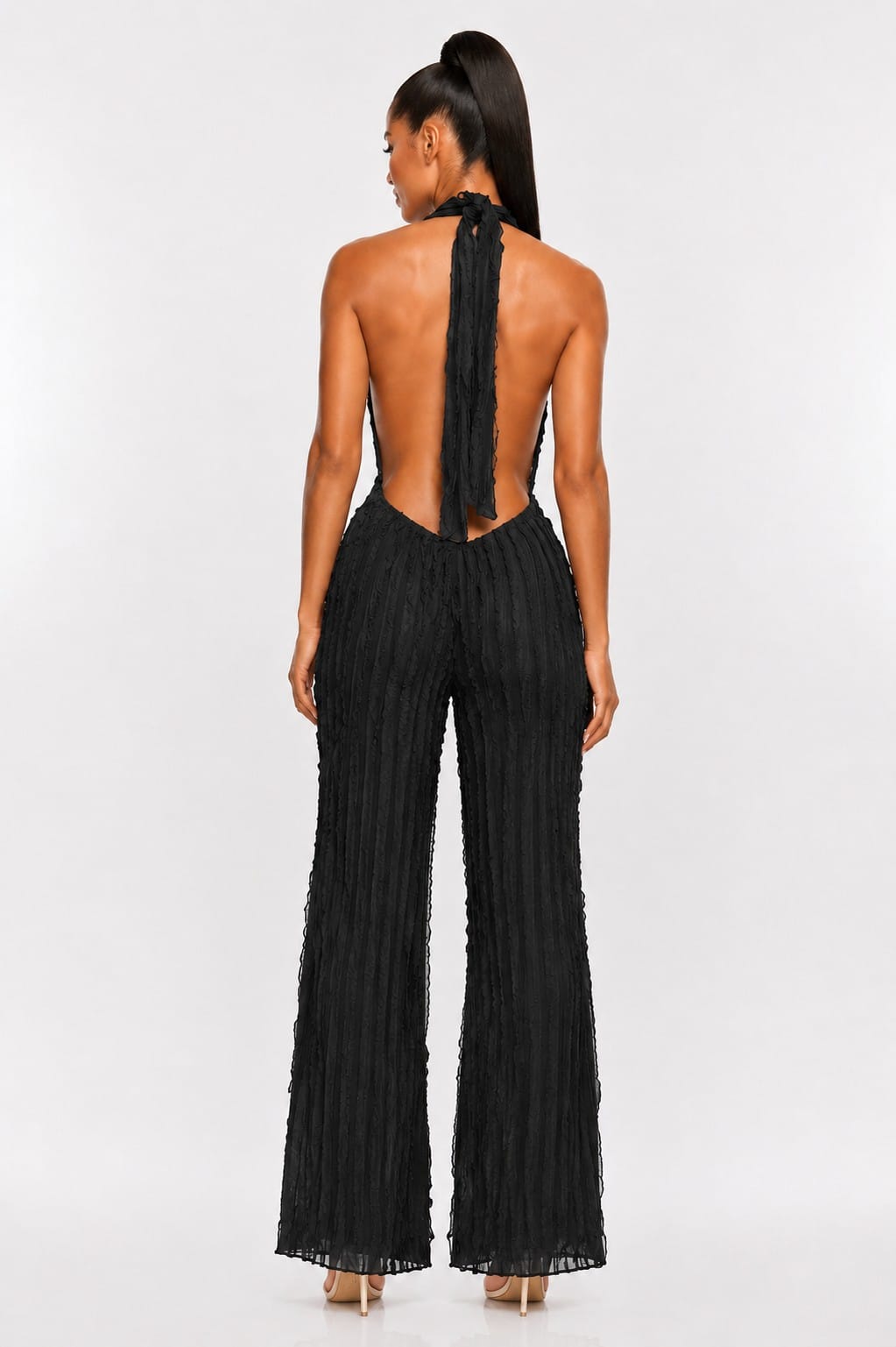 Women's Black Sculpted Elegance Textured Plunge Halter Wide Leg Jumpsuit – back view