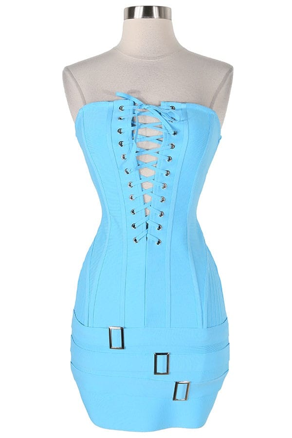 Women's blue strapless lace-up front bandage bodycon mini dress - photo 4