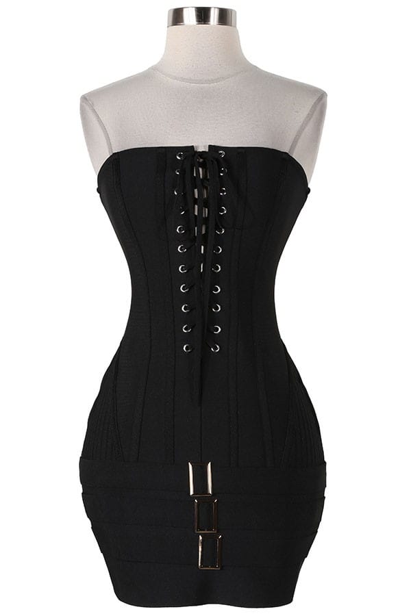 Women's black strapless lace-up front bandage bodycon mini dress - photo 4