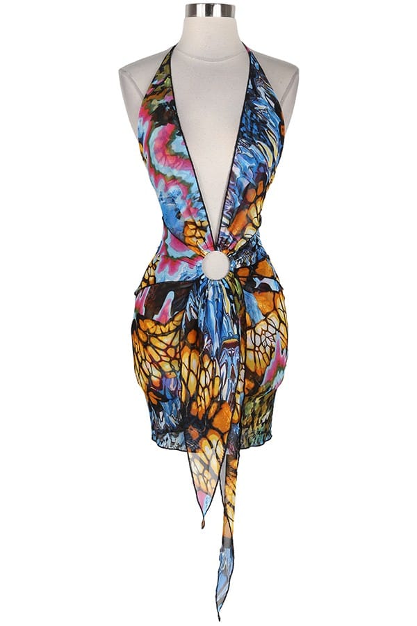 Women's Butterfly Print Halter Deep V Mini Dress - photo 4