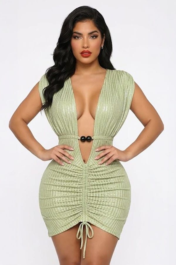 Women's Beaded Plunge Ruched Textured Mini Dress